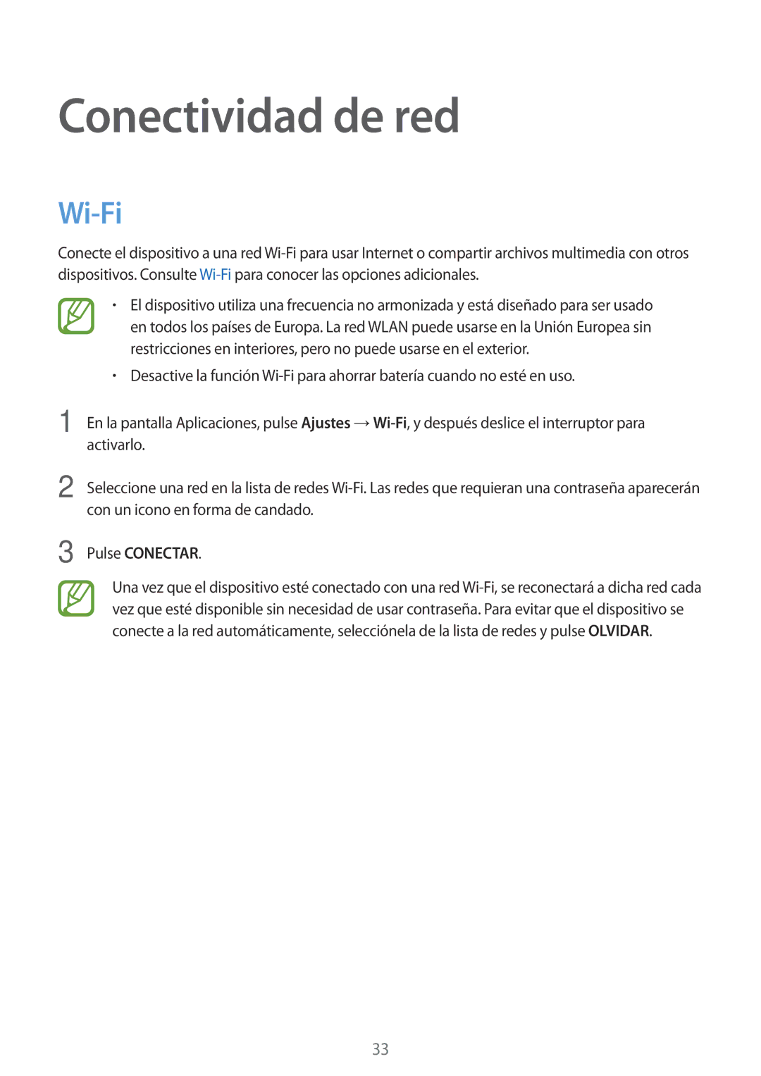 Samsung SM-P550NZWAPHE manual Conectividad de red, Wi-Fi, Pulse Conectar 