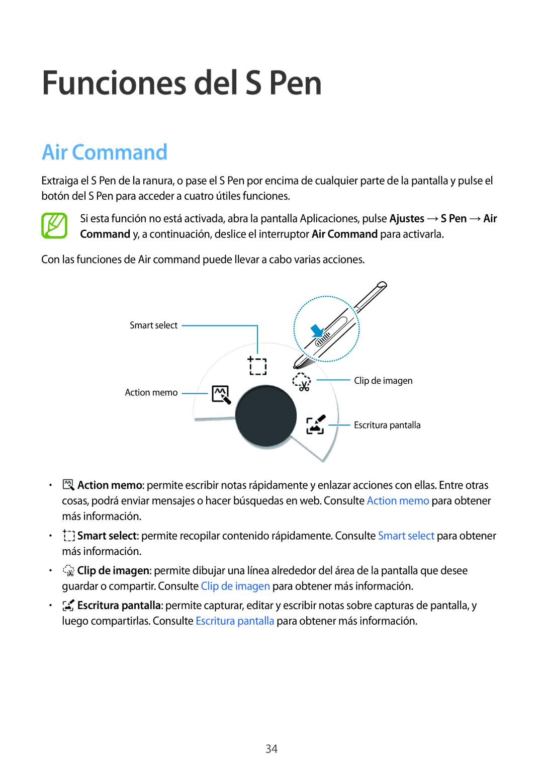 Samsung SM-P550NZWAPHE manual Funciones del S Pen, Air Command 