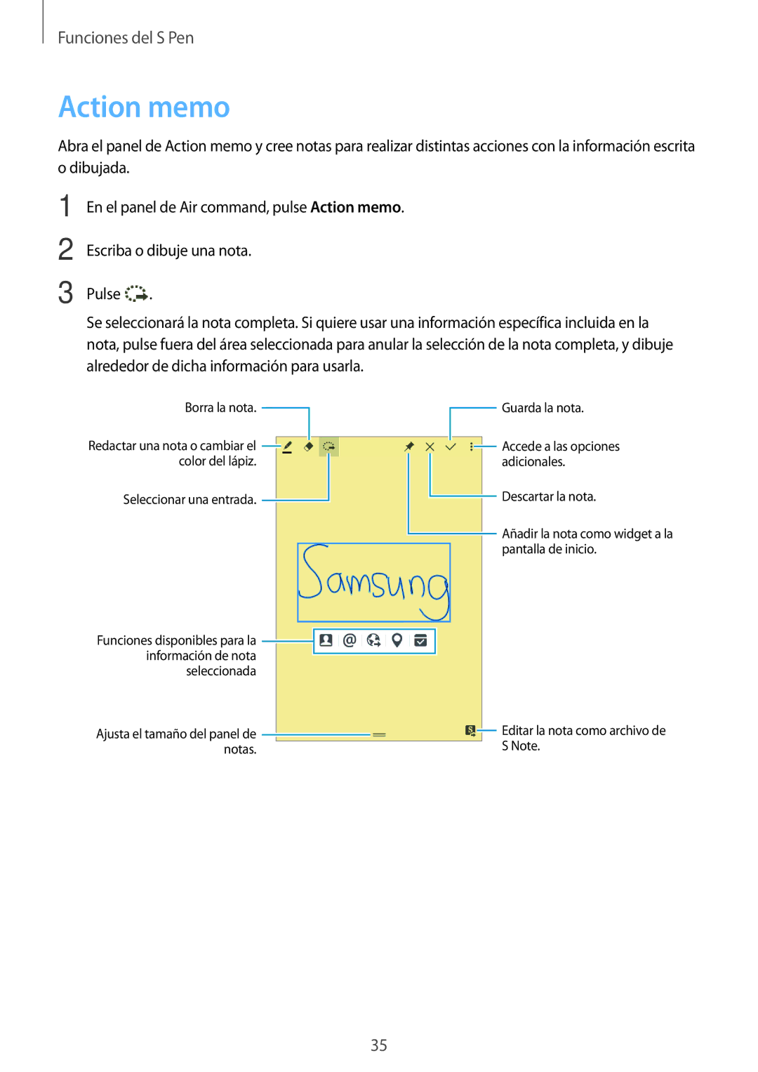 Samsung SM-P550NZWAPHE manual Action memo, Funciones disponibles para la 