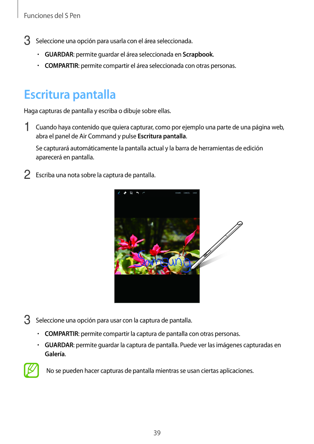 Samsung SM-P550NZWAPHE manual Escritura pantalla 