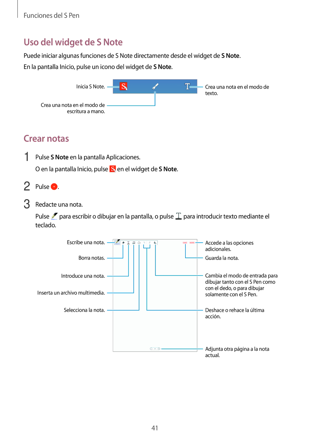 Samsung SM-P550NZWAPHE manual Uso del widget de S Note, Crear notas 