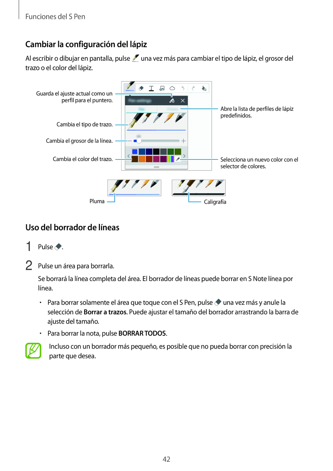 Samsung SM-P550NZWAPHE manual Cambiar la configuración del lápiz, Uso del borrador de líneas 