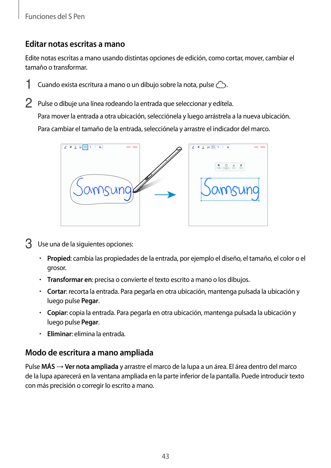 Samsung SM-P550NZWAPHE manual Editar notas escritas a mano, Modo de escritura a mano ampliada 