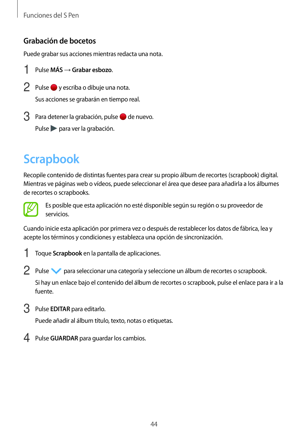 Samsung SM-P550NZWAPHE manual Scrapbook, Grabación de bocetos, Pulse MÁS →Grabar esbozo 