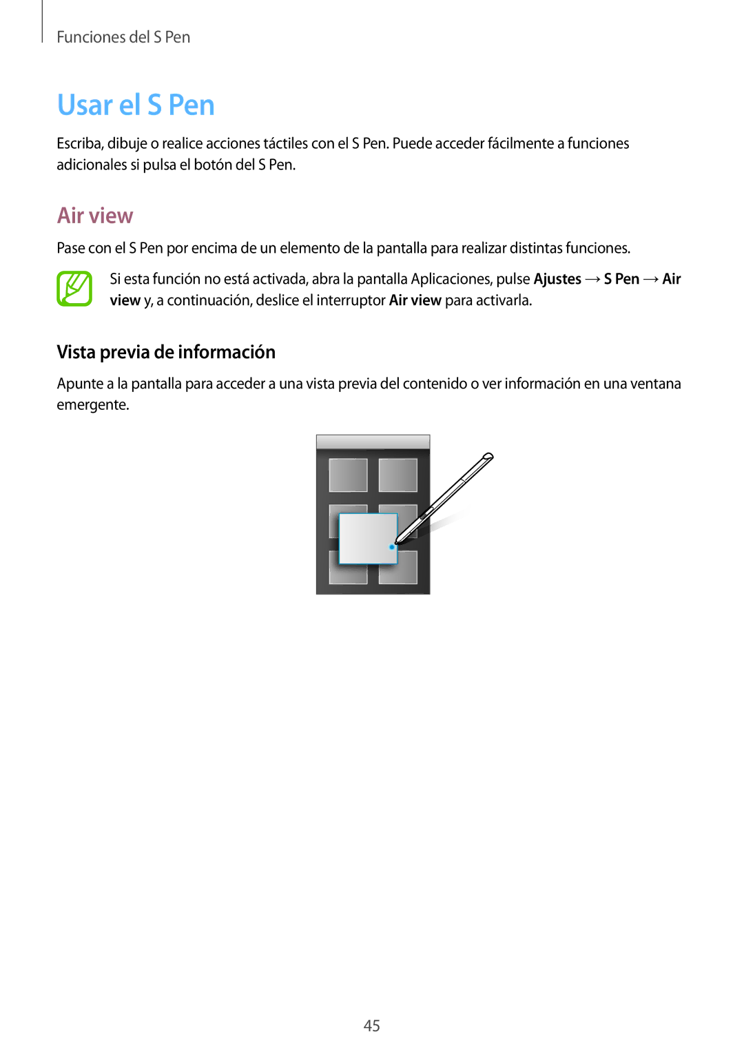 Samsung SM-P550NZWAPHE manual Usar el S Pen, Air view, Vista previa de información 