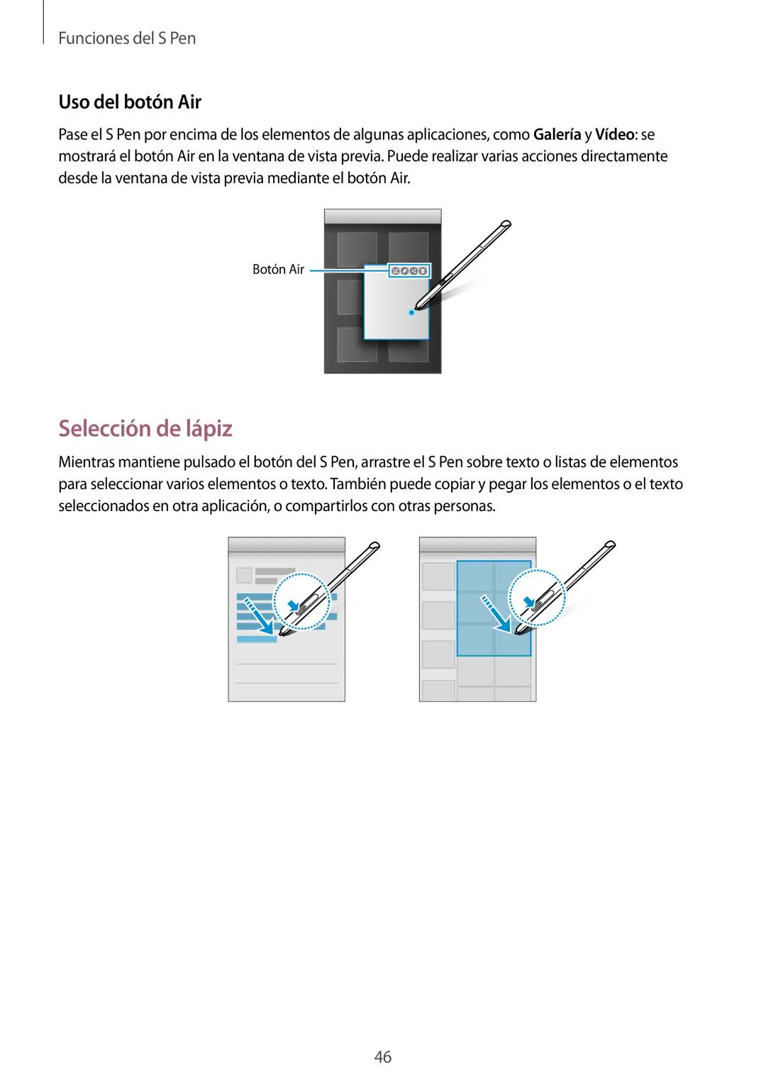 Samsung SM-P550NZWAPHE manual Selección de lápiz, Uso del botón Air 