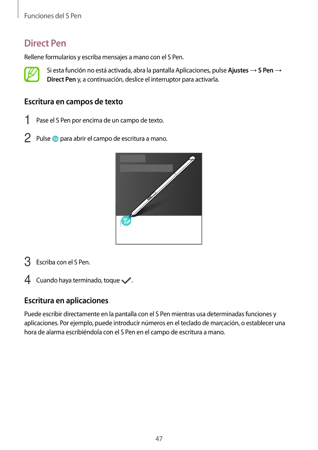 Samsung SM-P550NZWAPHE manual Direct Pen, Escritura en campos de texto, Escritura en aplicaciones 