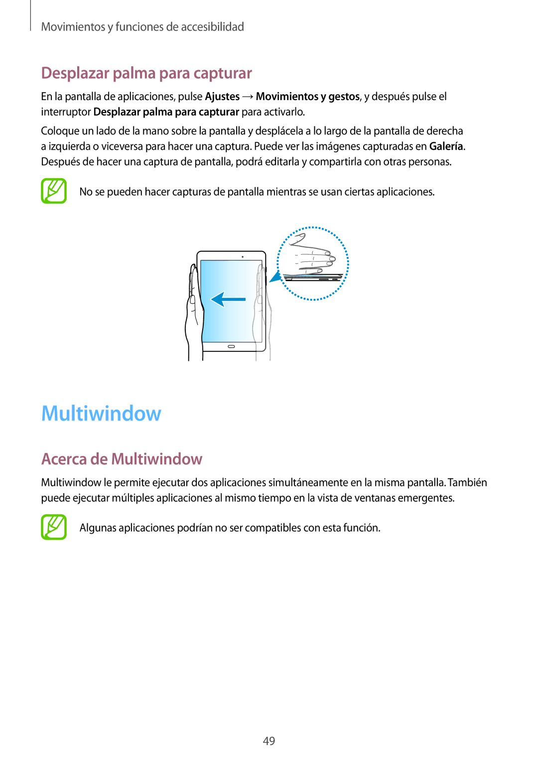 Samsung SM-P550NZWAPHE manual Desplazar palma para capturar, Acerca de Multiwindow 