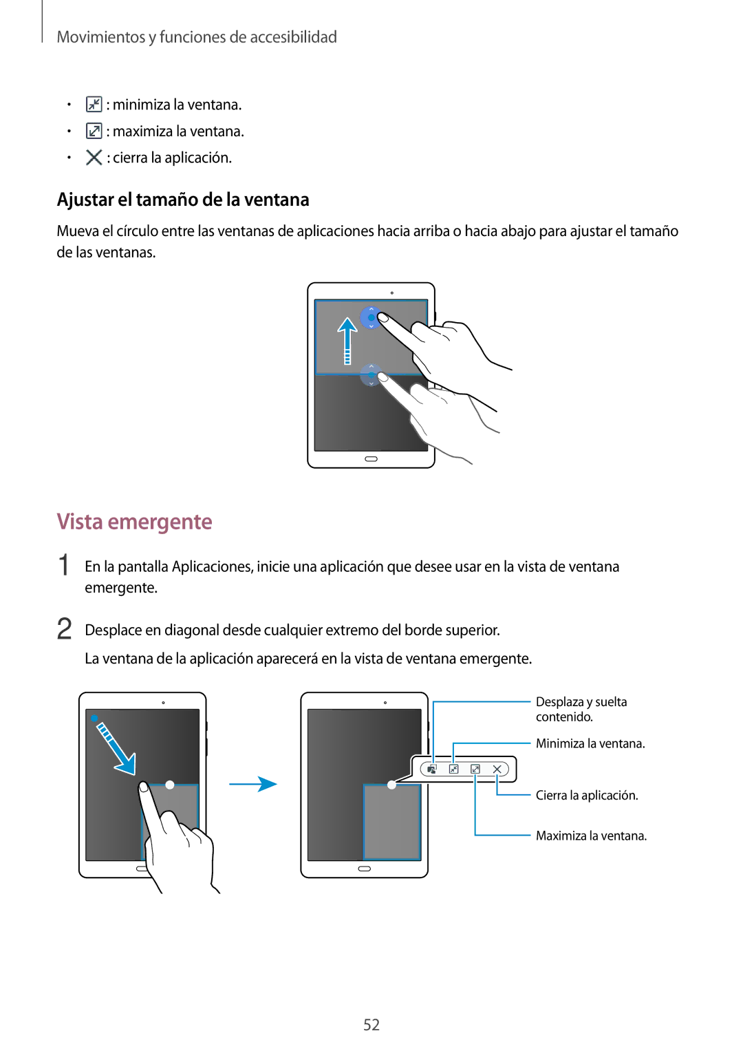 Samsung SM-P550NZWAPHE manual Vista emergente, Ajustar el tamaño de la ventana 