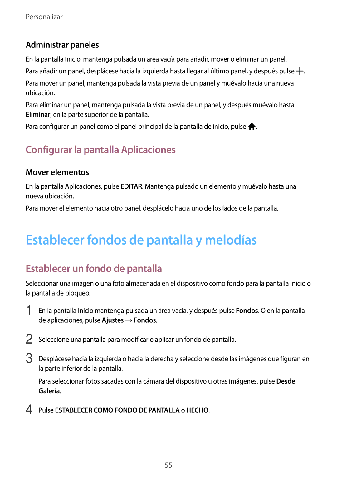 Samsung SM-P550NZWAPHE Establecer fondos de pantalla y melodías, Configurar la pantalla Aplicaciones, Administrar paneles 