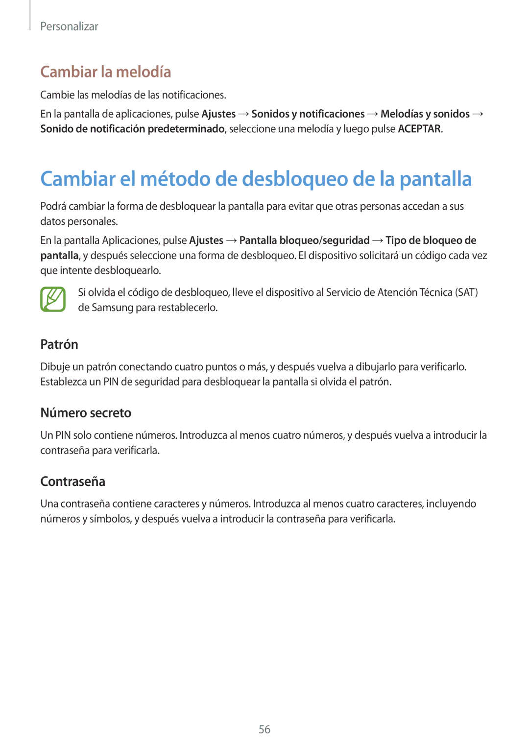 Samsung SM-P550NZWAPHE manual Cambiar la melodía, Patrón, Número secreto, Contraseña 