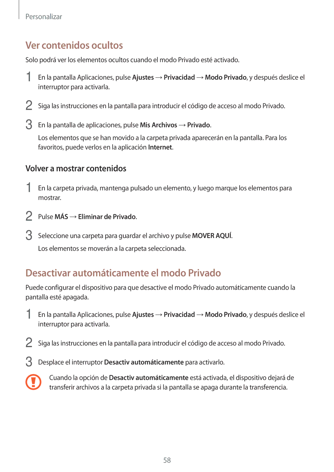 Samsung SM-P550NZWAPHE Ver contenidos ocultos, Desactivar automáticamente el modo Privado, Volver a mostrar contenidos 