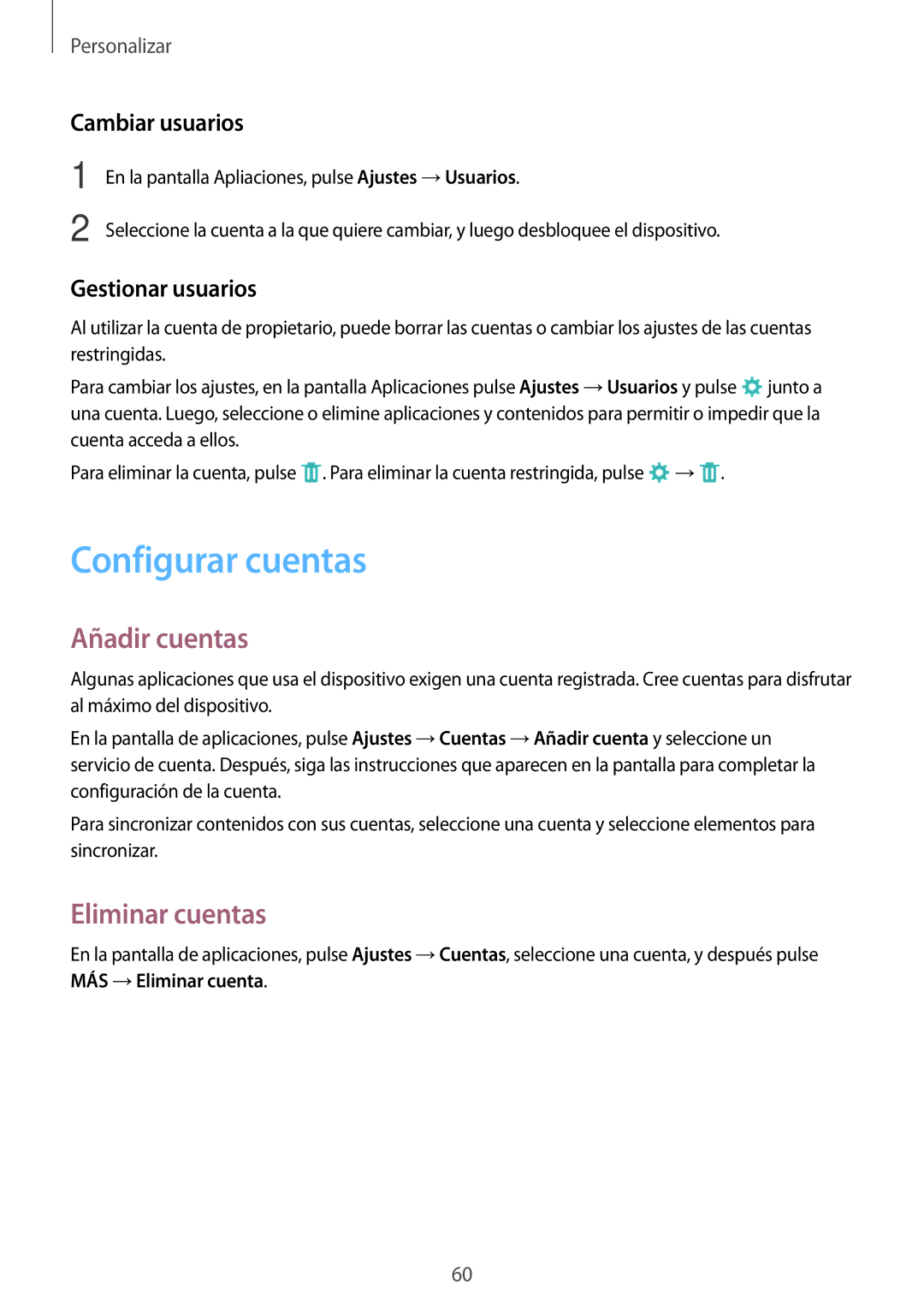 Samsung SM-P550NZWAPHE manual Configurar cuentas, Añadir cuentas, Eliminar cuentas, Cambiar usuarios, Gestionar usuarios 
