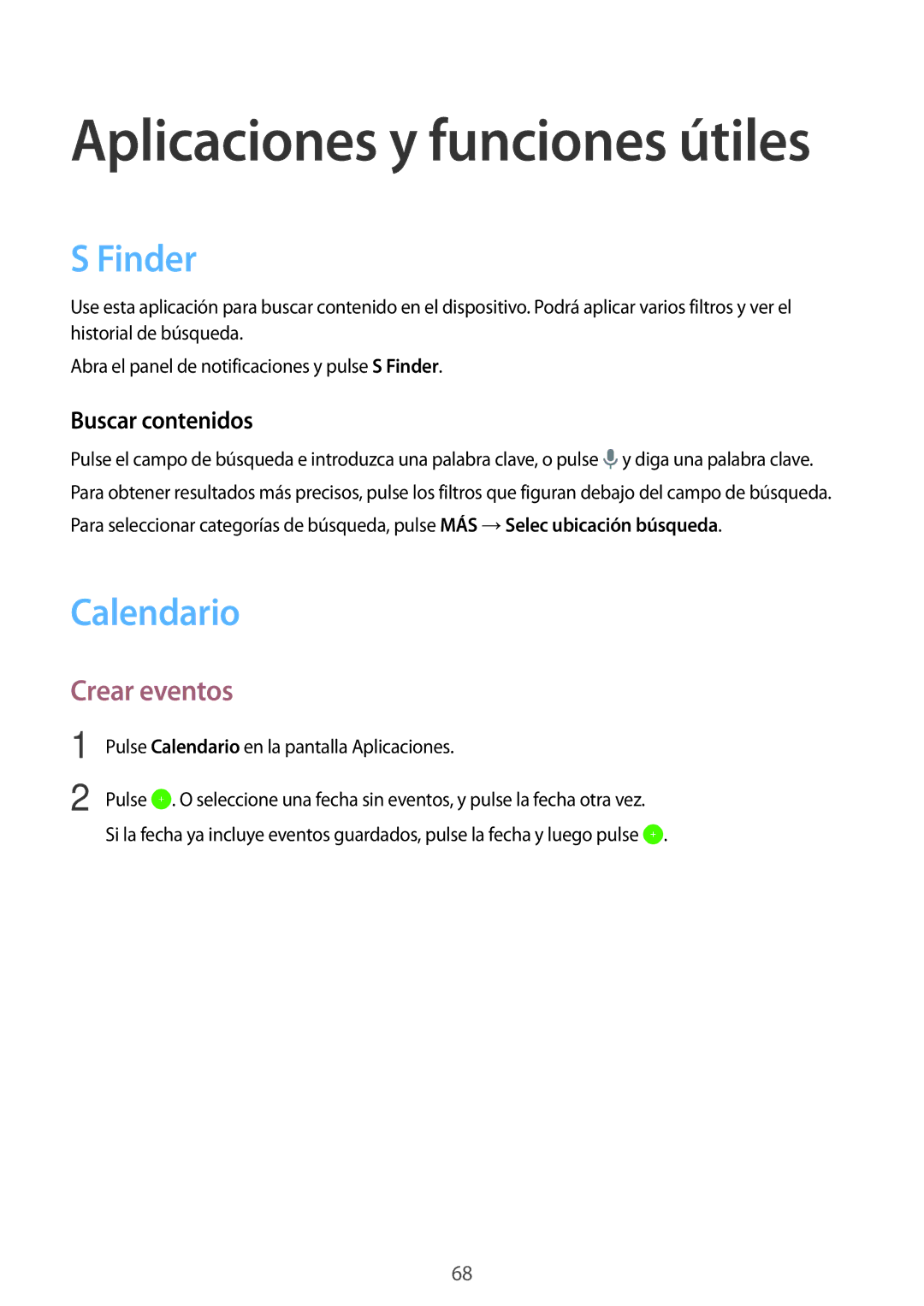 Samsung SM-P550NZWAPHE manual Finder, Calendario, Crear eventos, Buscar contenidos 