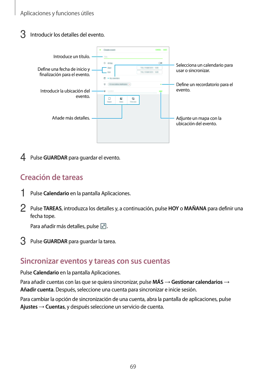 Samsung SM-P550NZWAPHE manual Creación de tareas, Sincronizar eventos y tareas con sus cuentas 