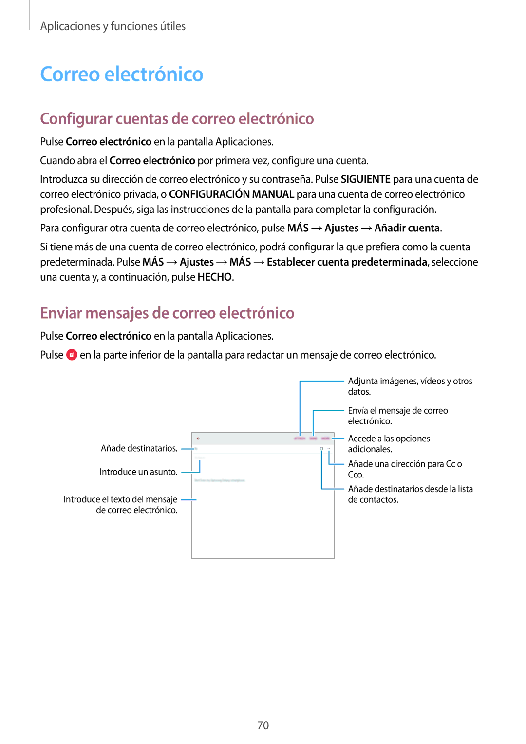 Samsung SM-P550NZWAPHE Correo electrónico, Configurar cuentas de correo electrónico, Enviar mensajes de correo electrónico 