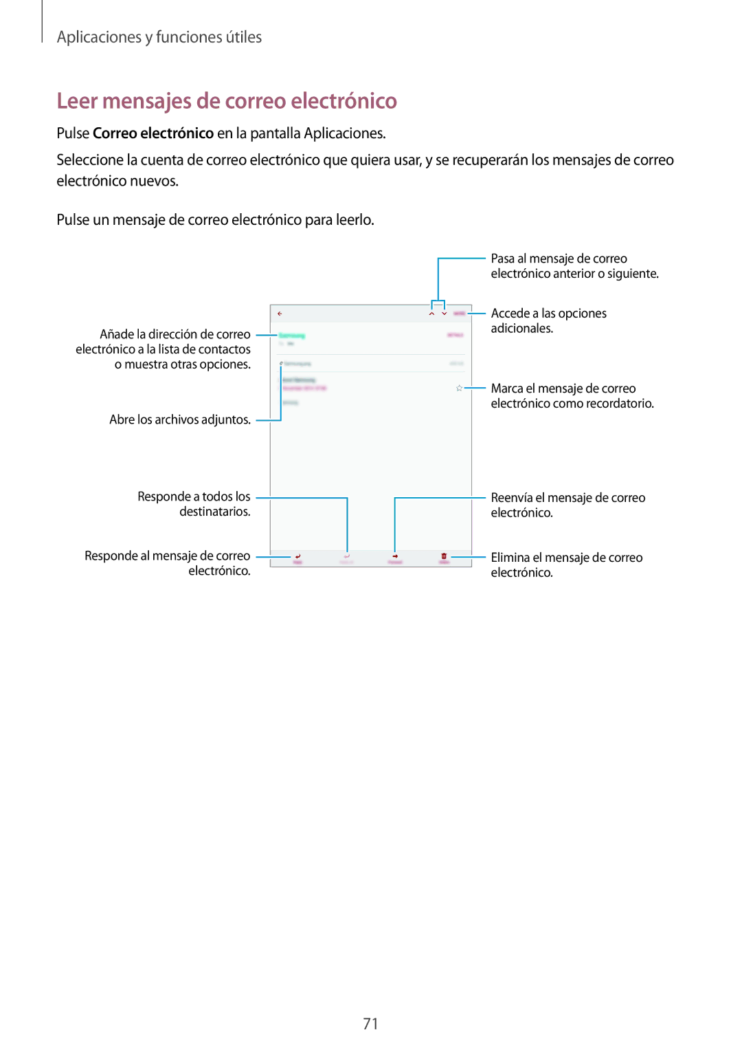 Samsung SM-P550NZWAPHE manual Leer mensajes de correo electrónico, Muestra otras opciones Abre los archivos adjuntos 