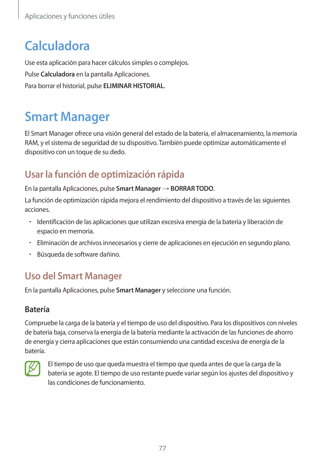 Samsung SM-P550NZWAPHE manual Calculadora, Usar la función de optimización rápida, Uso del Smart Manager, Batería 