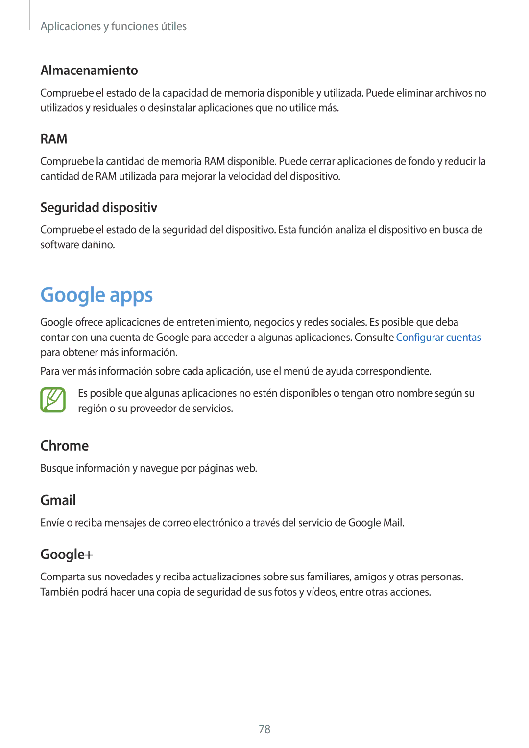 Samsung SM-P550NZWAPHE manual Google apps, Almacenamiento, Seguridad dispositiv 