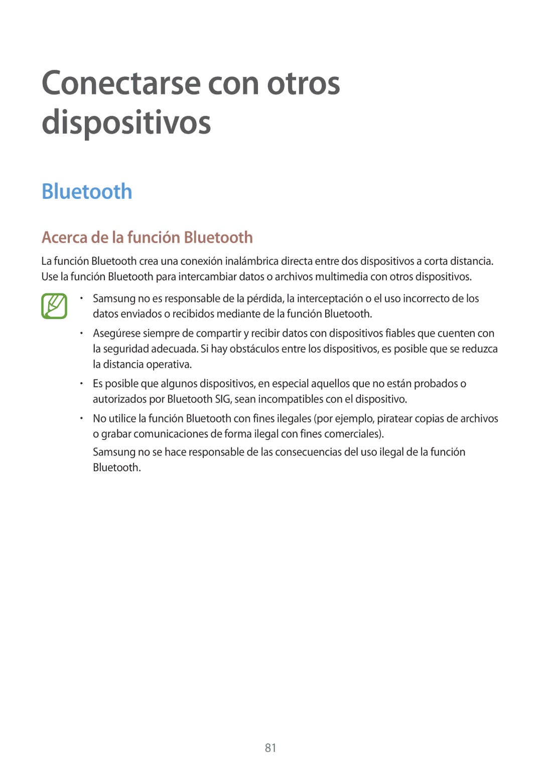 Samsung SM-P550NZWAPHE manual Acerca de la función Bluetooth 