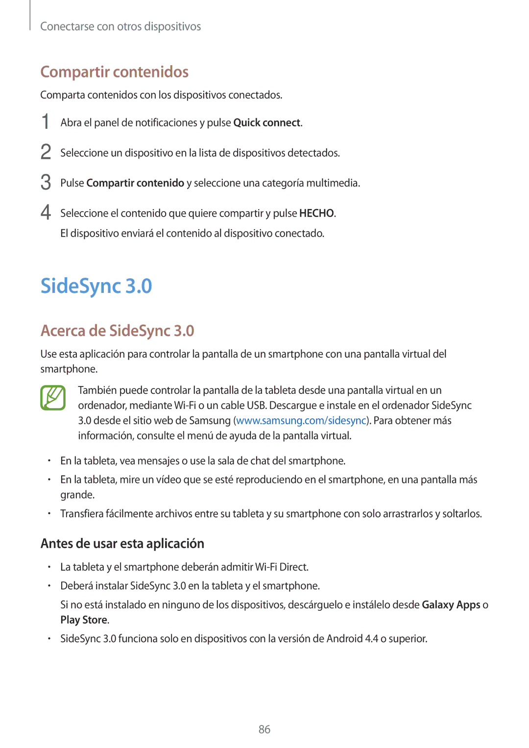 Samsung SM-P550NZWAPHE manual Compartir contenidos, Acerca de SideSync, Antes de usar esta aplicación 