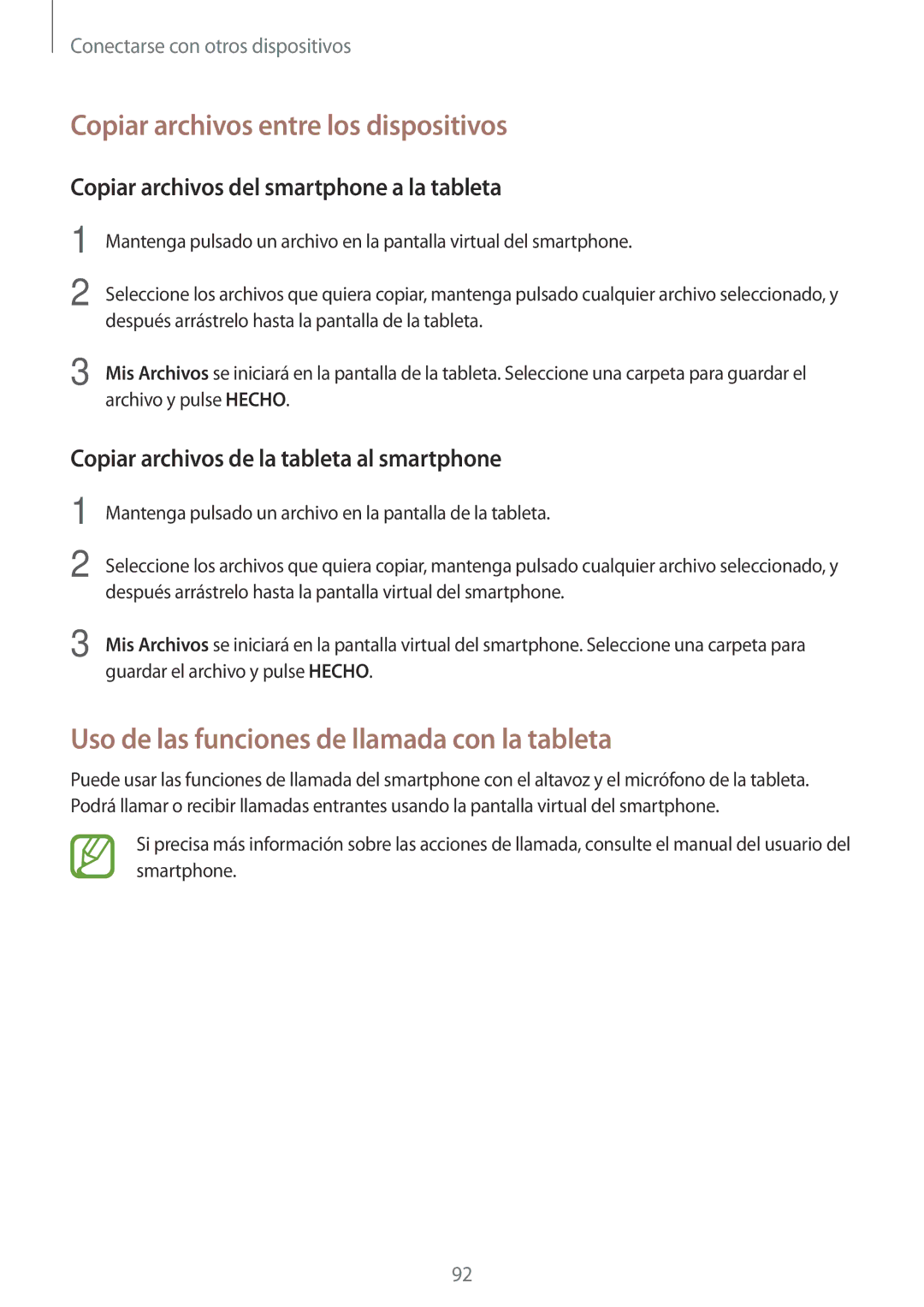 Samsung SM-P550NZWAPHE manual Copiar archivos entre los dispositivos, Uso de las funciones de llamada con la tableta 