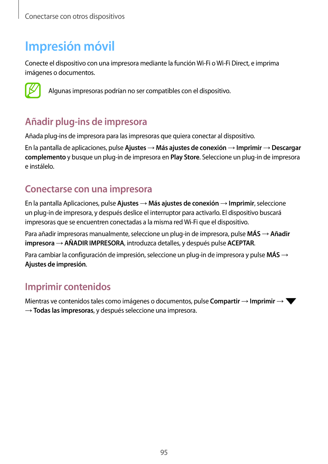 Samsung SM-P550NZWAPHE Impresión móvil, Añadir plug-ins de impresora, Conectarse con una impresora, Imprimir contenidos 