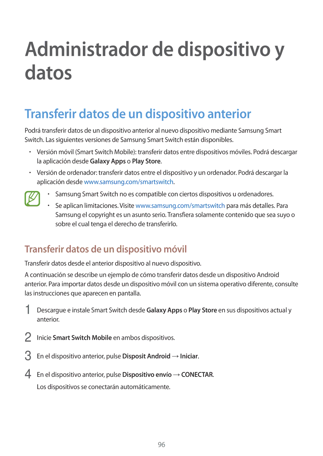 Samsung SM-P550NZWAPHE manual Administrador de dispositivo y datos, Transferir datos de un dispositivo anterior 