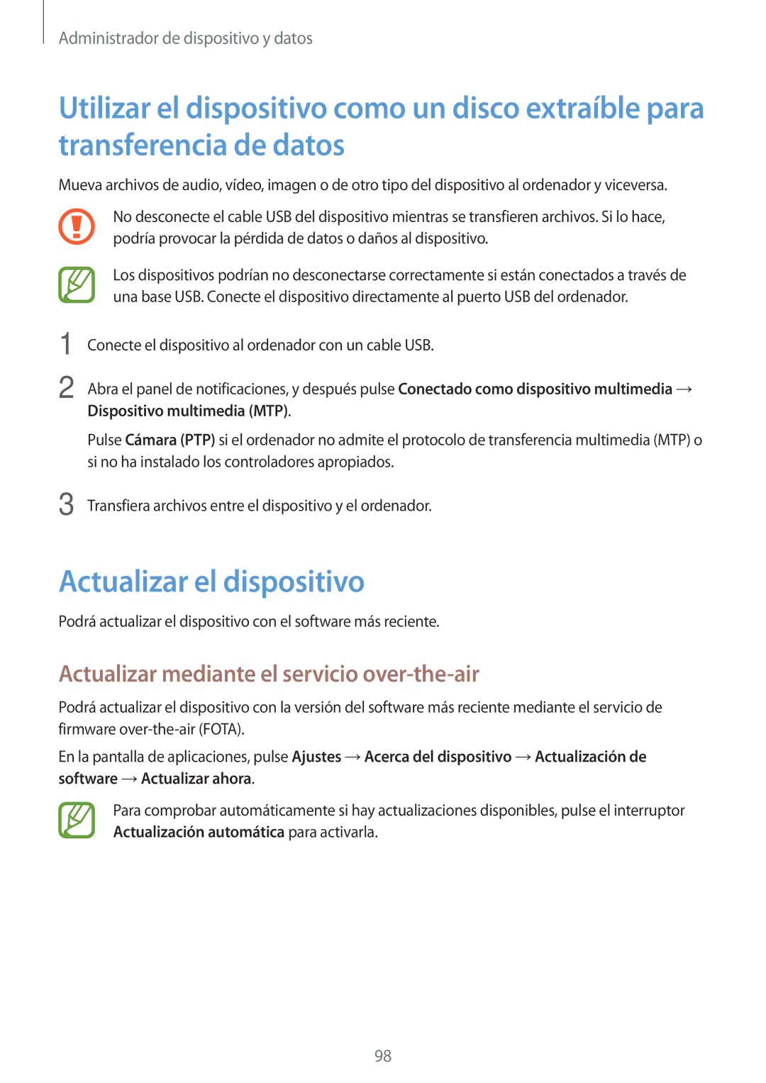 Samsung SM-P550NZWAPHE Actualizar el dispositivo, Actualizar mediante el servicio over-the-air, Dispositivo multimedia MTP 