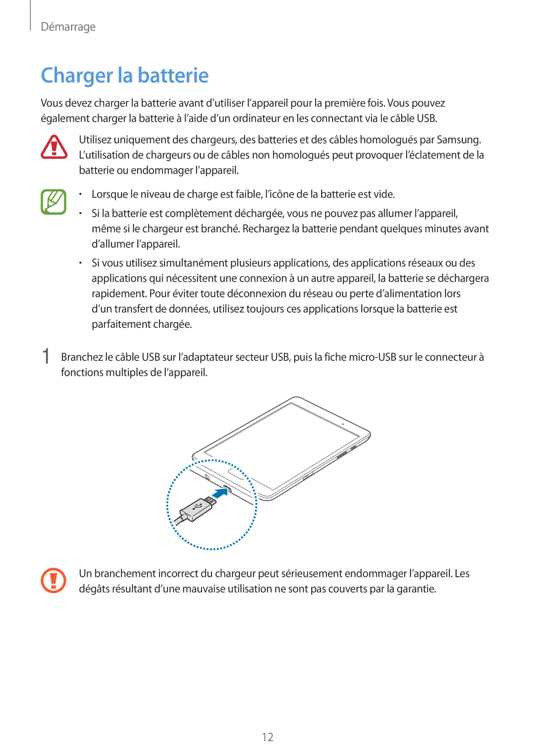 Samsung SM-P550NZWAXEF, SM-P550NZKAXEF manual Charger la batterie 