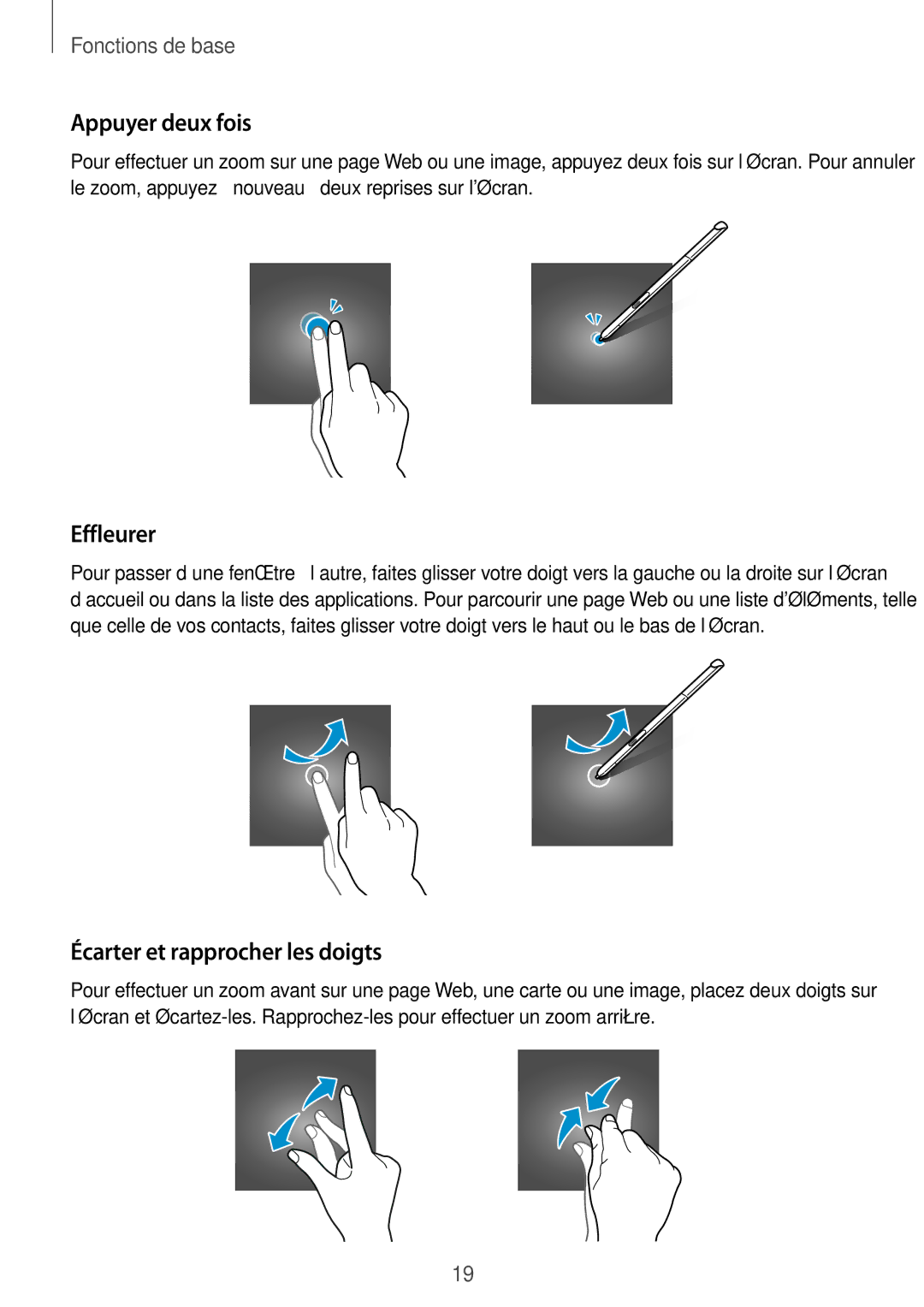 Samsung SM-P550NZKAXEF, SM-P550NZWAXEF manual Appuyer deux fois, Effleurer, Écarter et rapprocher les doigts 