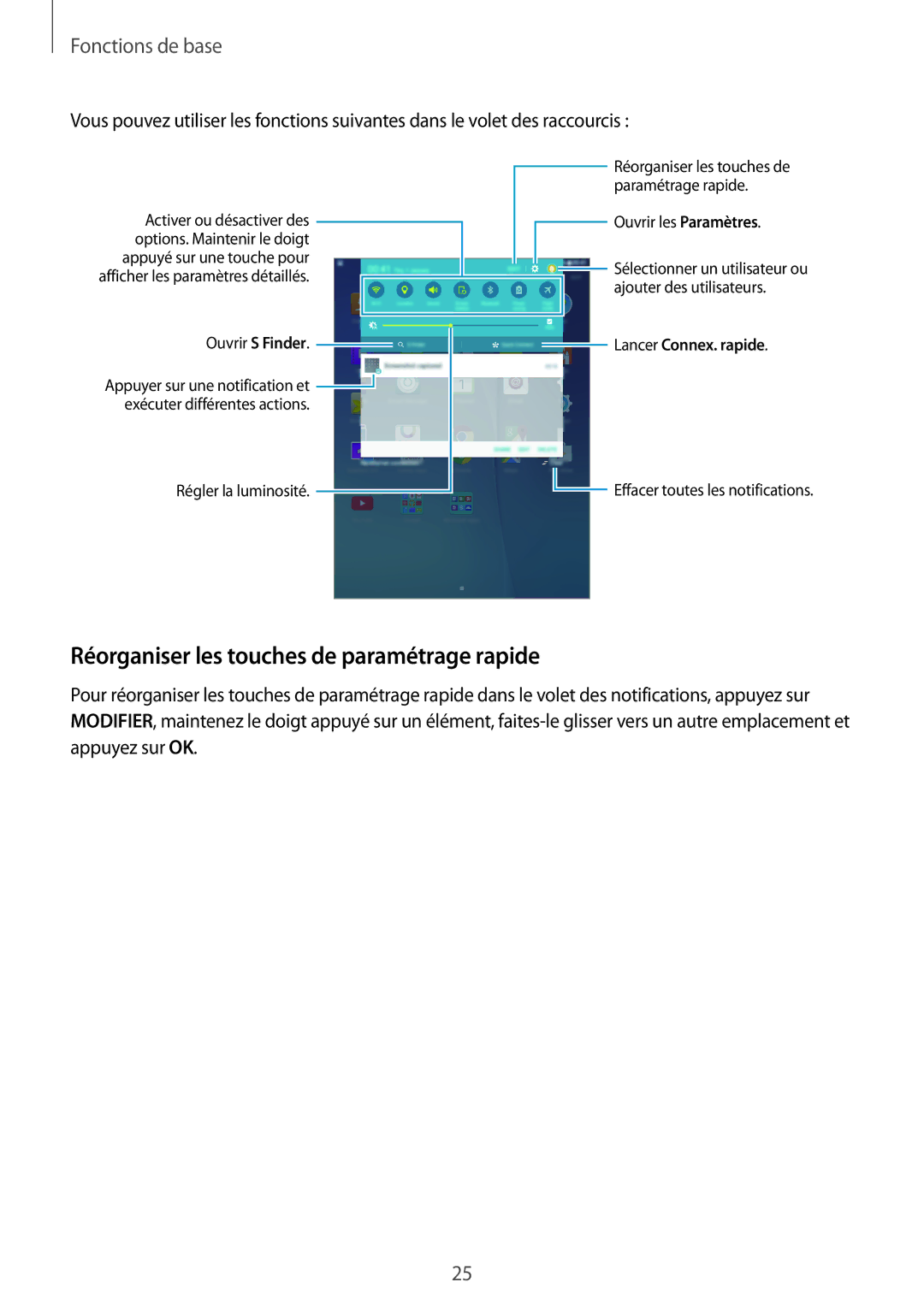 Samsung SM-P550NZKAXEF, SM-P550NZWAXEF manual Réorganiser les touches de paramétrage rapide, Ouvrir S Finder 