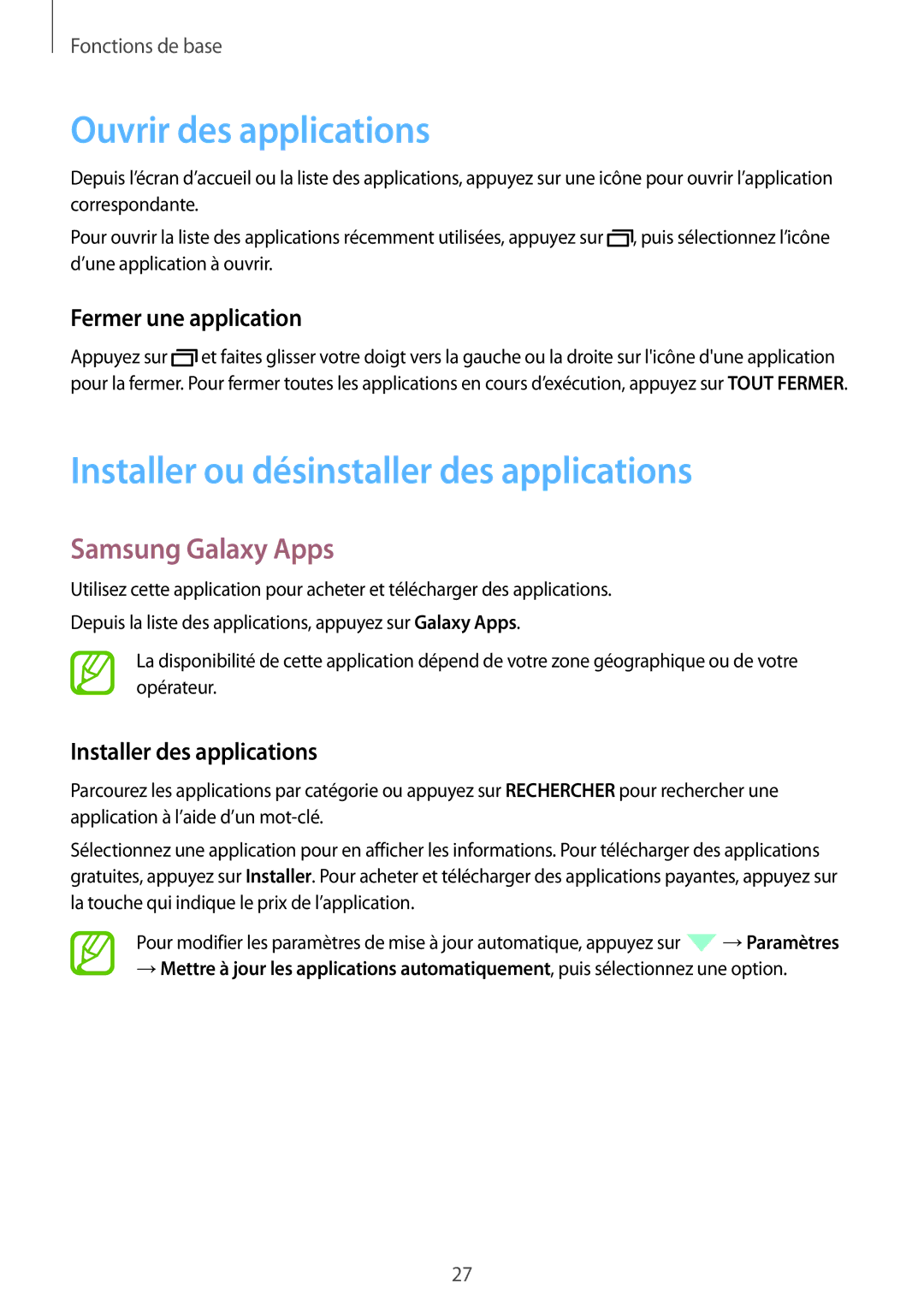 Samsung SM-P550NZKAXEF manual Ouvrir des applications, Installer ou désinstaller des applications, Samsung Galaxy Apps 