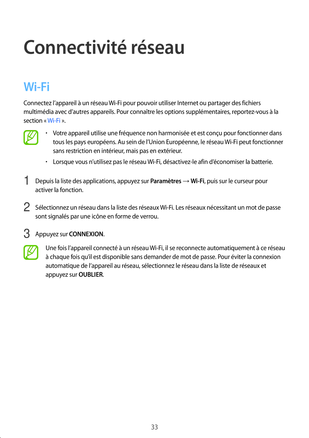 Samsung SM-P550NZKAXEF, SM-P550NZWAXEF manual Connectivité réseau, Wi-Fi 