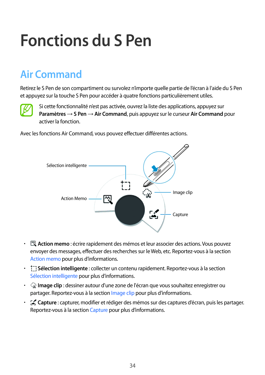 Samsung SM-P550NZWAXEF, SM-P550NZKAXEF manual Fonctions du S Pen, Air Command 