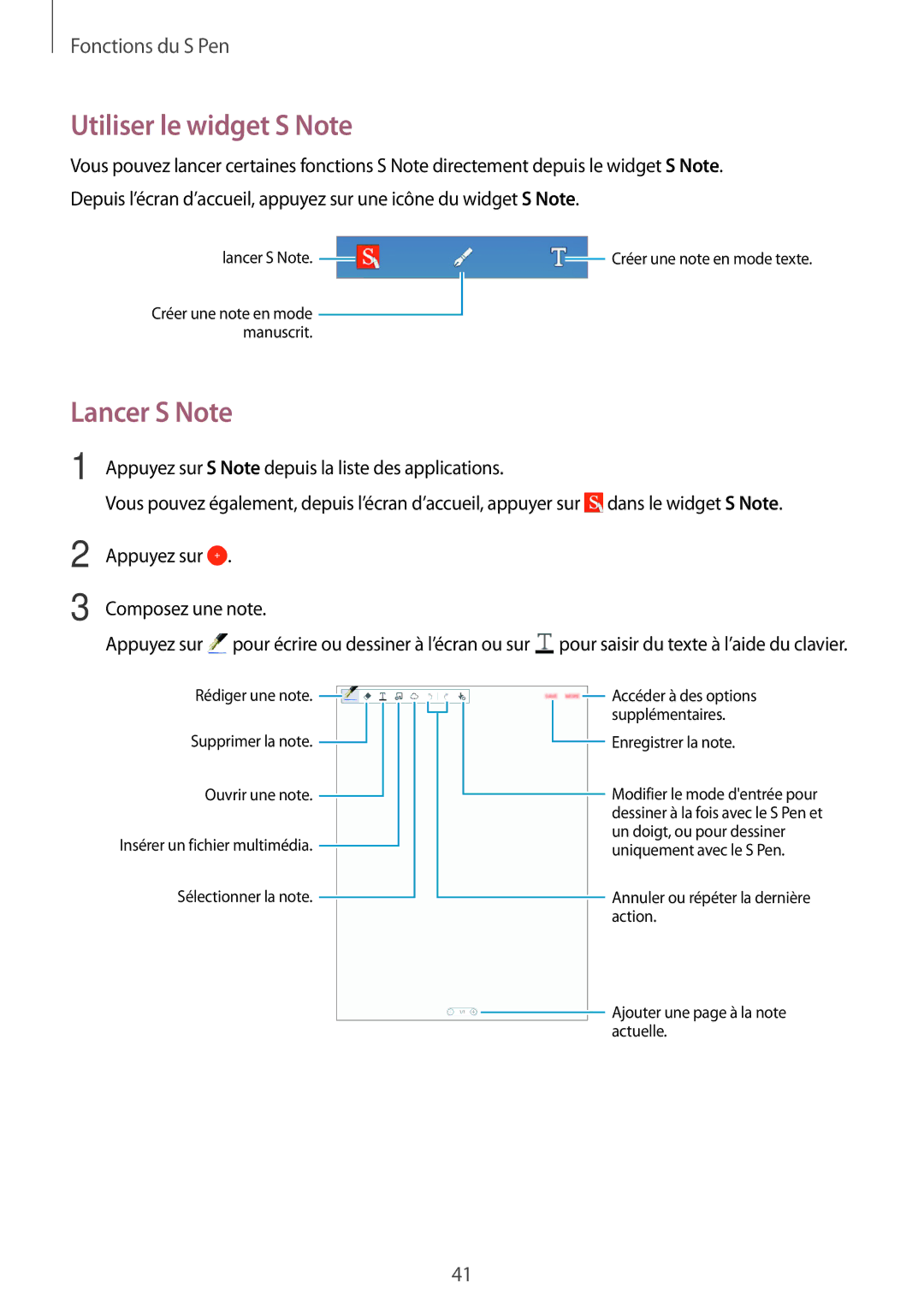 Samsung SM-P550NZKAXEF, SM-P550NZWAXEF manual Utiliser le widget S Note, Enregistrer la note 