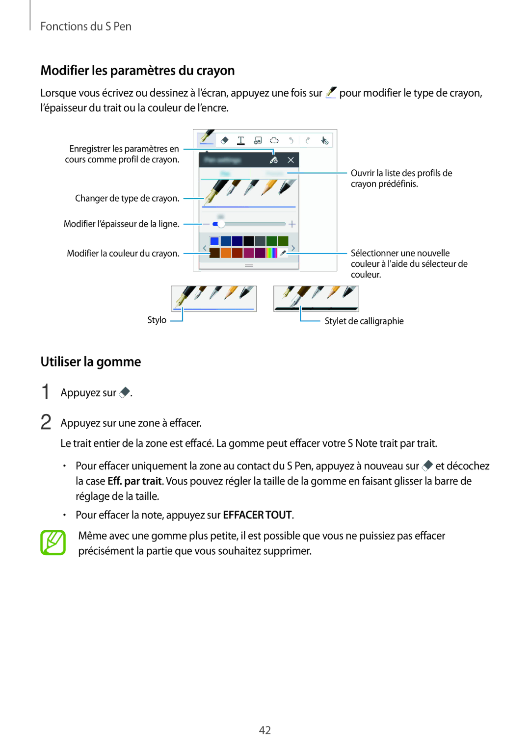 Samsung SM-P550NZWAXEF, SM-P550NZKAXEF manual Modifier les paramètres du crayon, Utiliser la gomme 