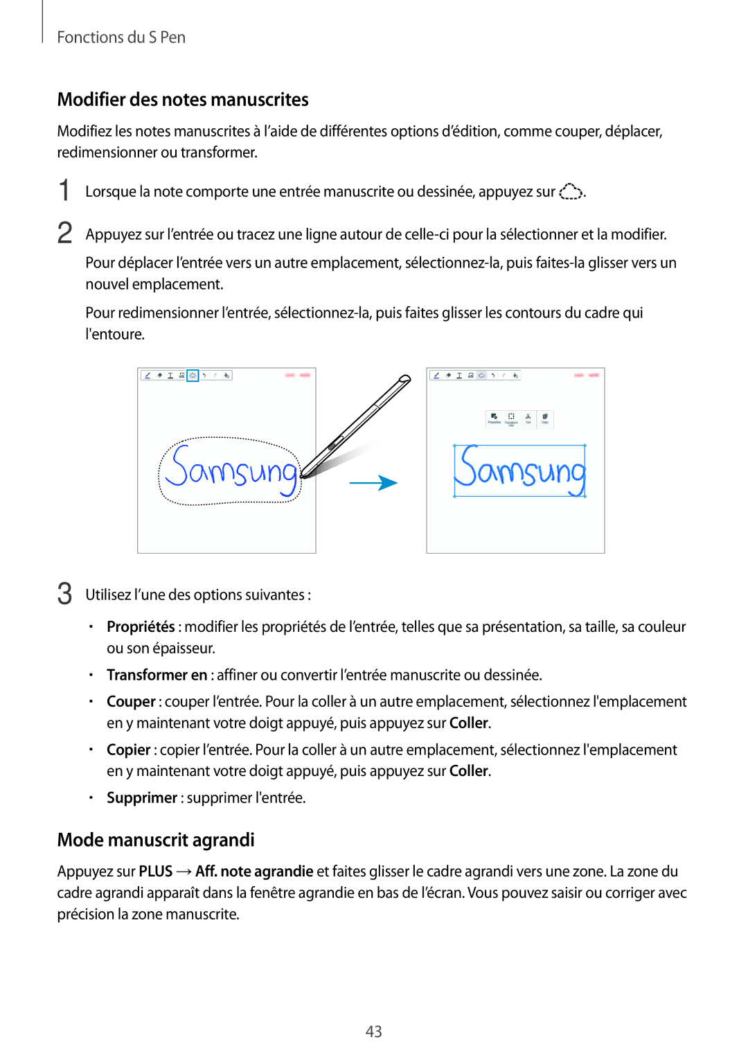 Samsung SM-P550NZKAXEF, SM-P550NZWAXEF manual Modifier des notes manuscrites, Mode manuscrit agrandi 