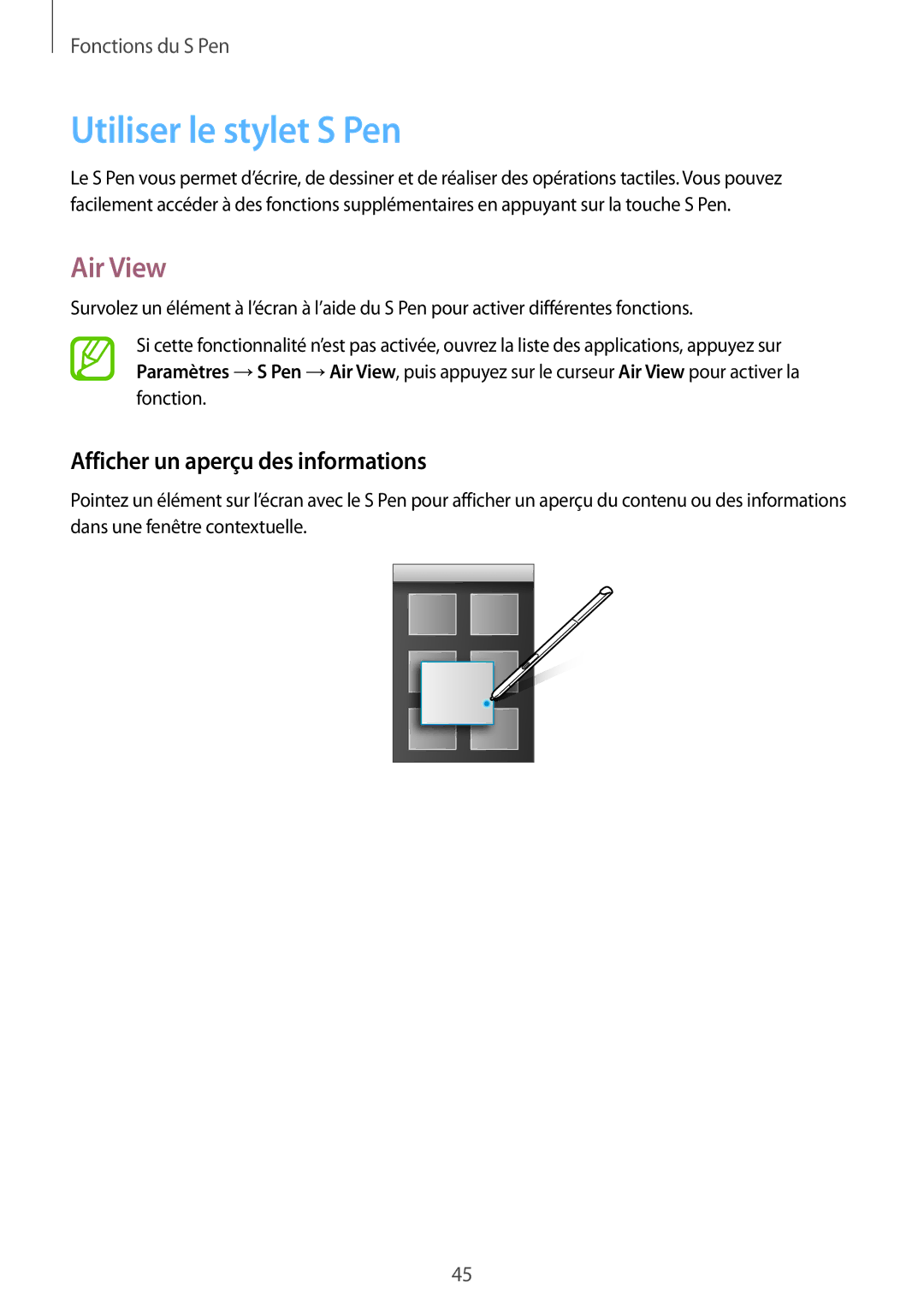 Samsung SM-P550NZKAXEF, SM-P550NZWAXEF manual Utiliser le stylet S Pen, Air View, Afficher un aperçu des informations 