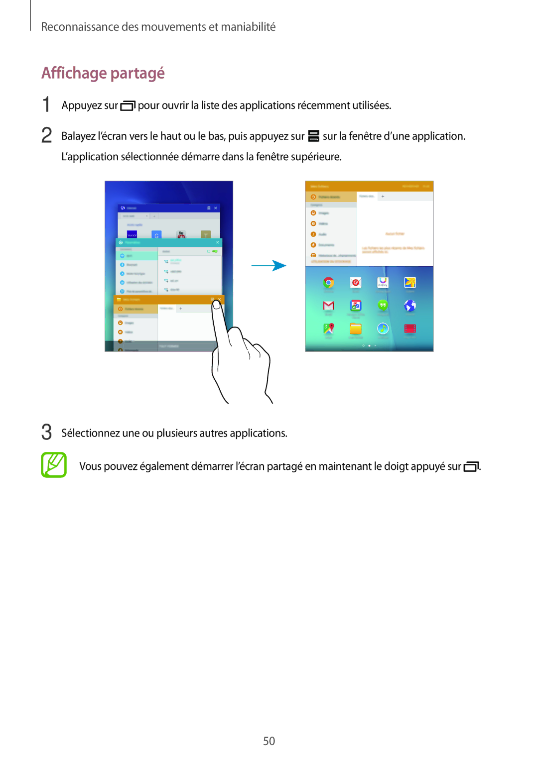 Samsung SM-P550NZWAXEF, SM-P550NZKAXEF manual Affichage partagé 