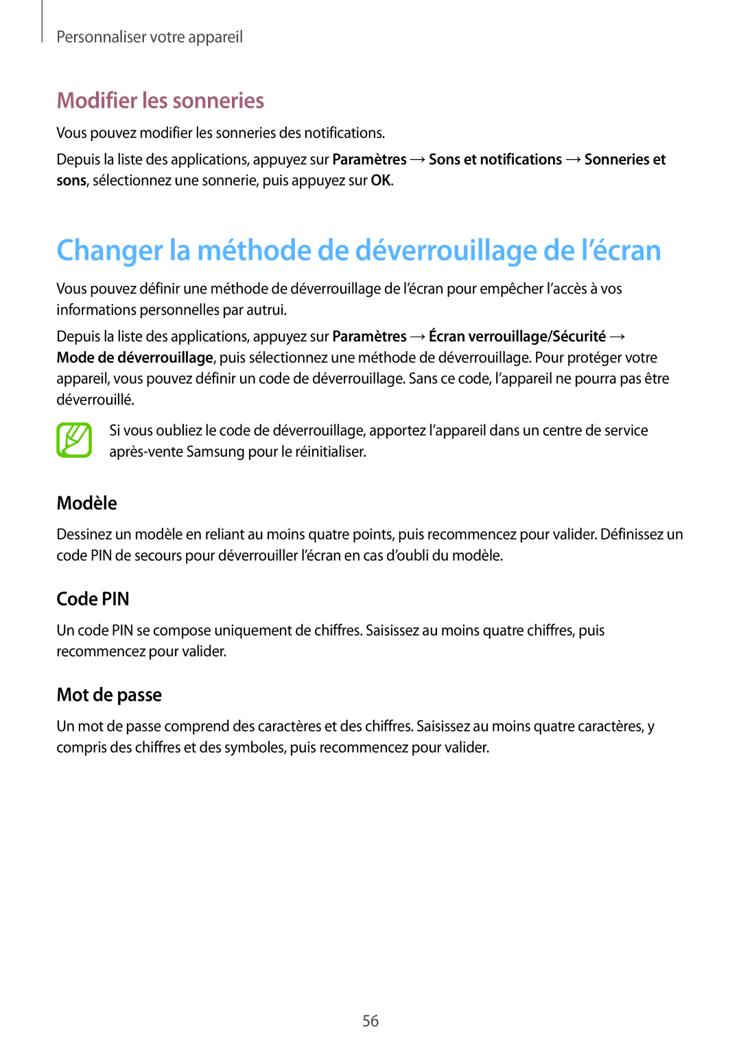 Samsung SM-P550NZWAXEF, SM-P550NZKAXEF manual Modifier les sonneries, Modèle, Code PIN, Mot de passe 