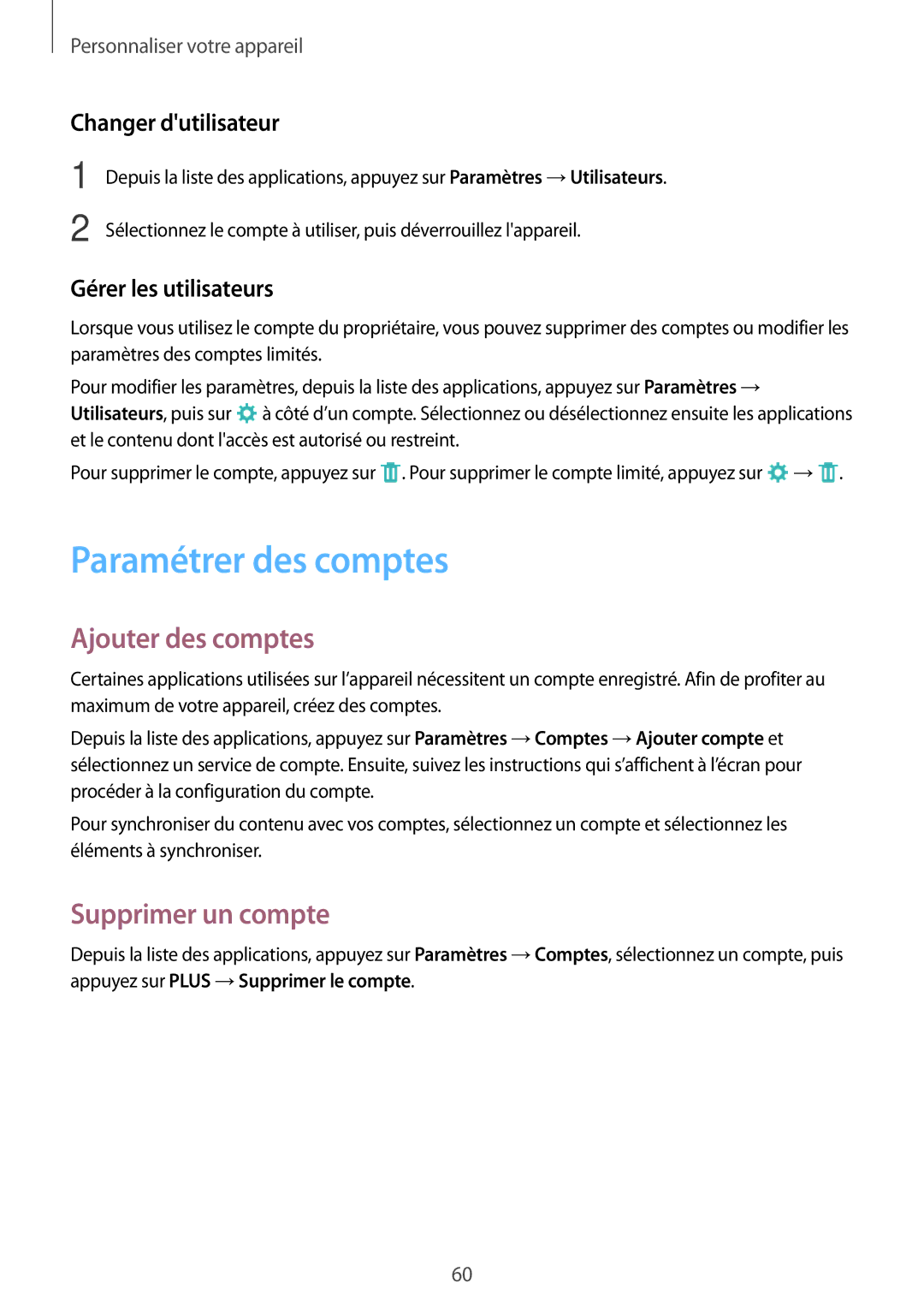 Samsung SM-P550NZWAXEF manual Paramétrer des comptes, Ajouter des comptes, Supprimer un compte, Changer dutilisateur 