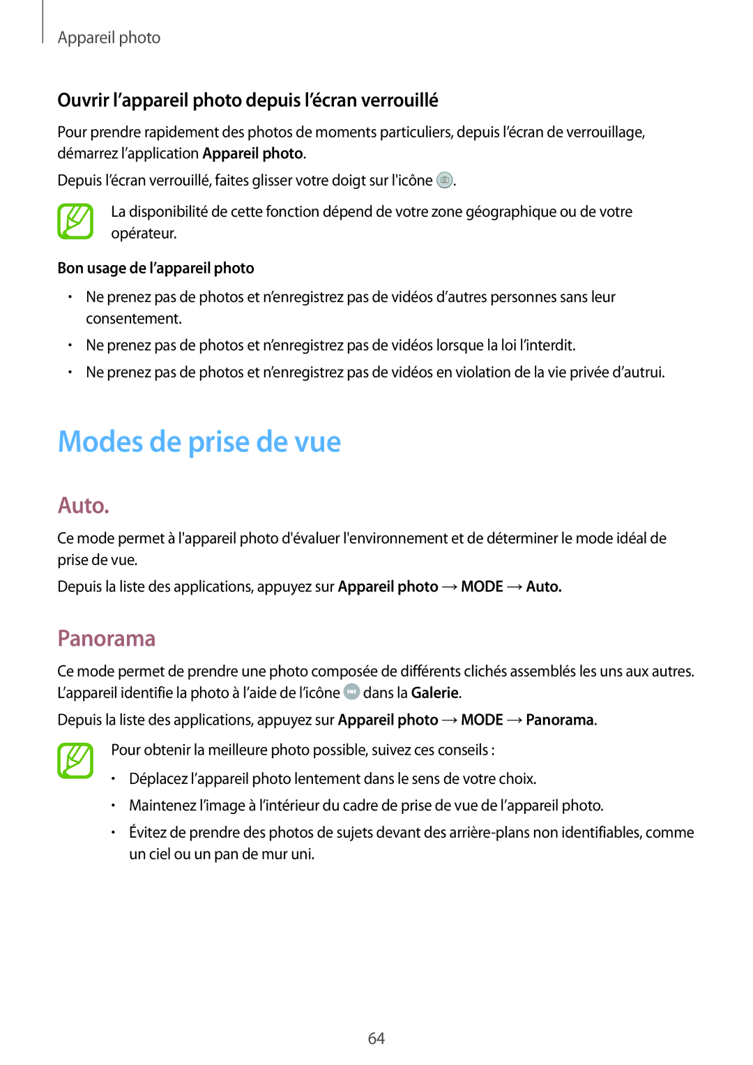 Samsung SM-P550NZWAXEF manual Modes de prise de vue, Auto, Panorama, Ouvrir l’appareil photo depuis l’écran verrouillé 