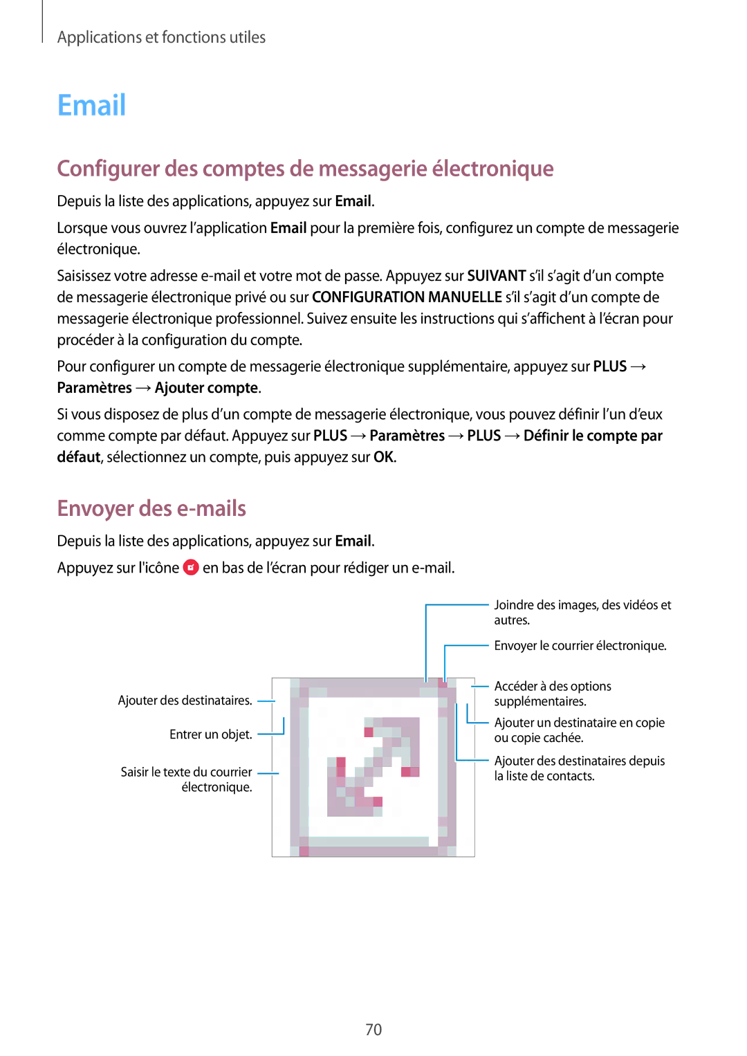 Samsung SM-P550NZWAXEF, SM-P550NZKAXEF manual Configurer des comptes de messagerie électronique, Envoyer des e-mails 