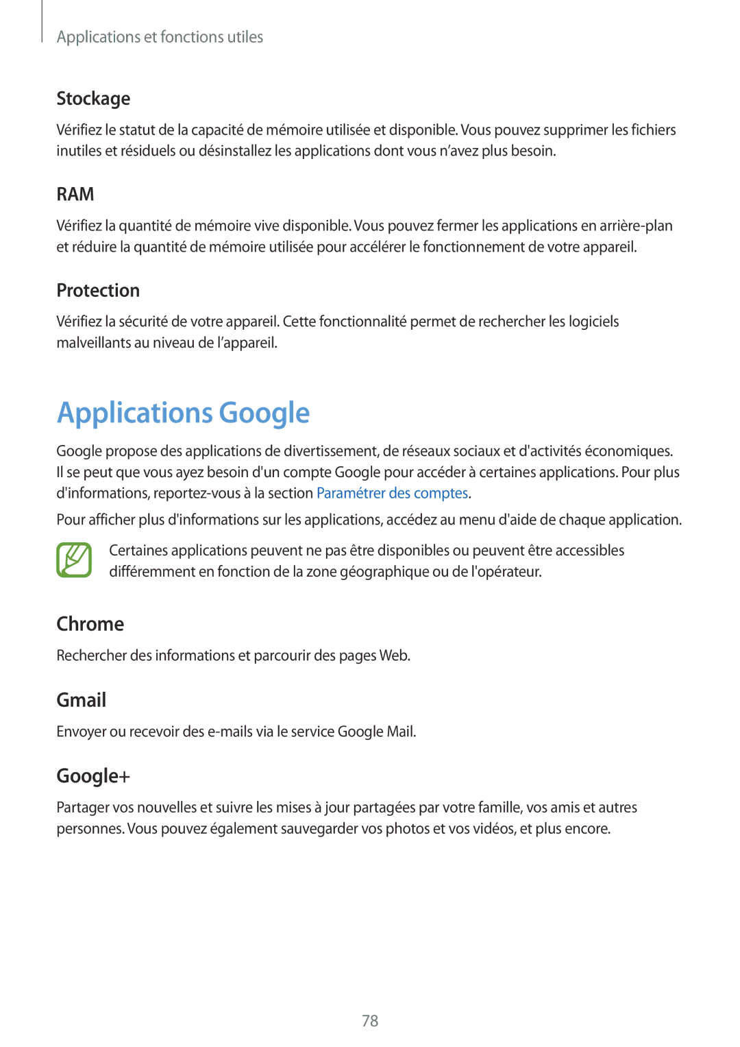 Samsung SM-P550NZWAXEF, SM-P550NZKAXEF manual Applications Google, Stockage, Protection 