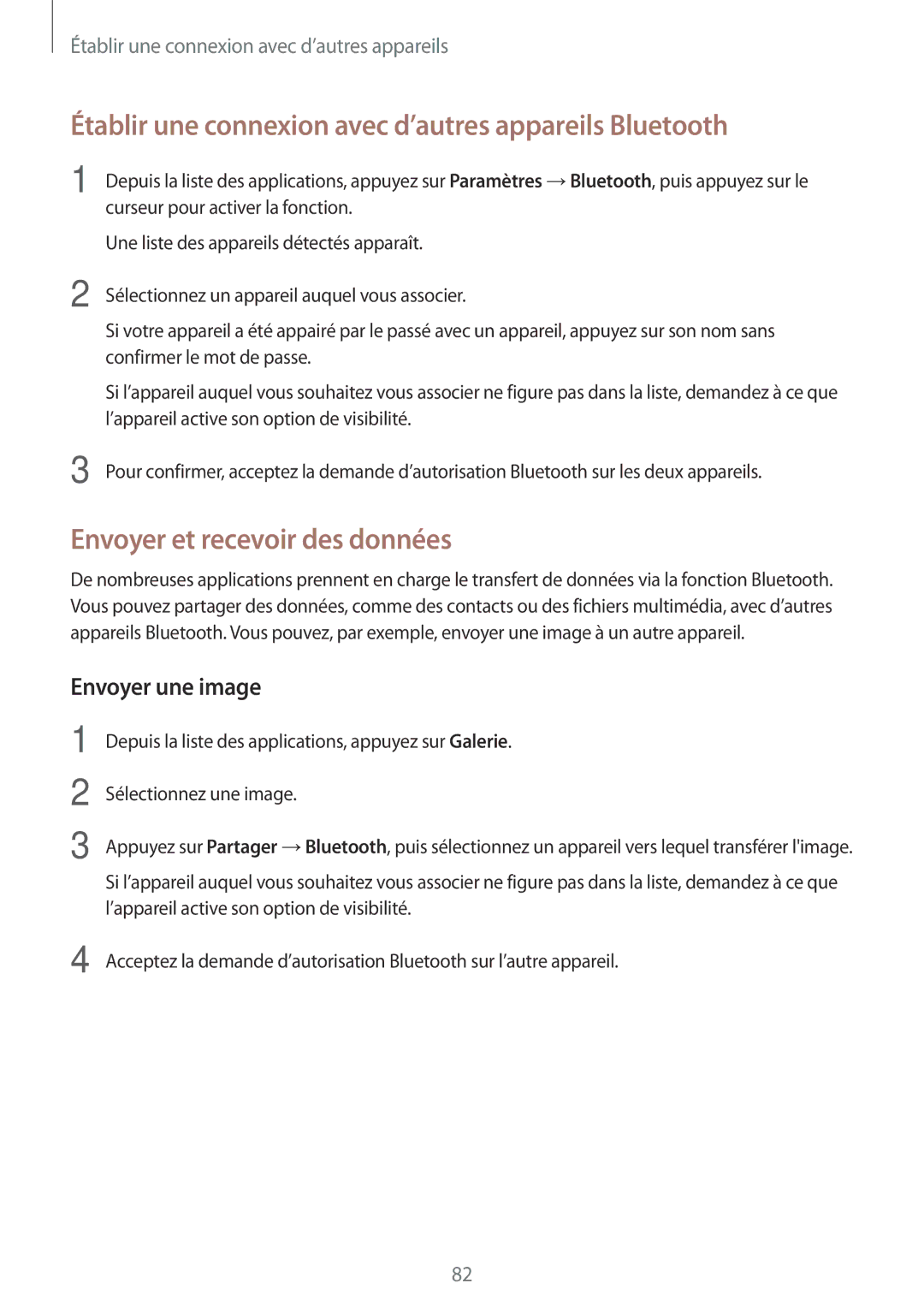 Samsung SM-P550NZWAXEF manual Établir une connexion avec d’autres appareils Bluetooth, Envoyer et recevoir des données 
