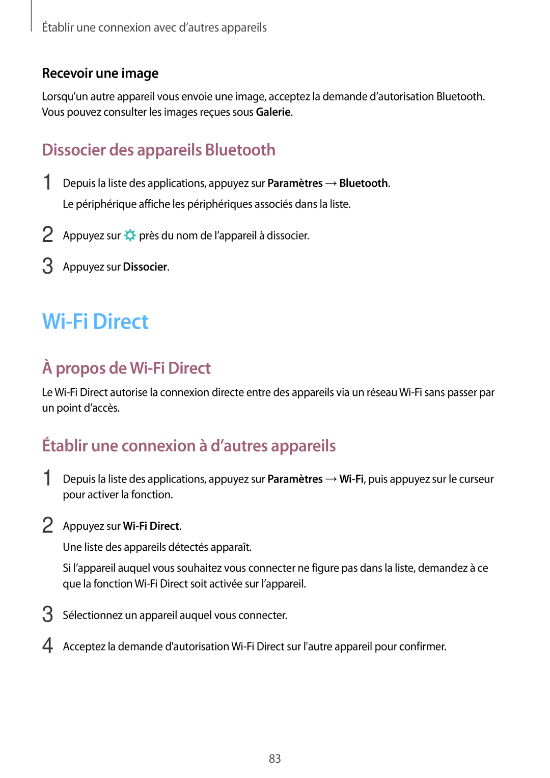 Samsung SM-P550NZKAXEF, SM-P550NZWAXEF Dissocier des appareils Bluetooth, Propos de Wi-Fi Direct, Recevoir une image 