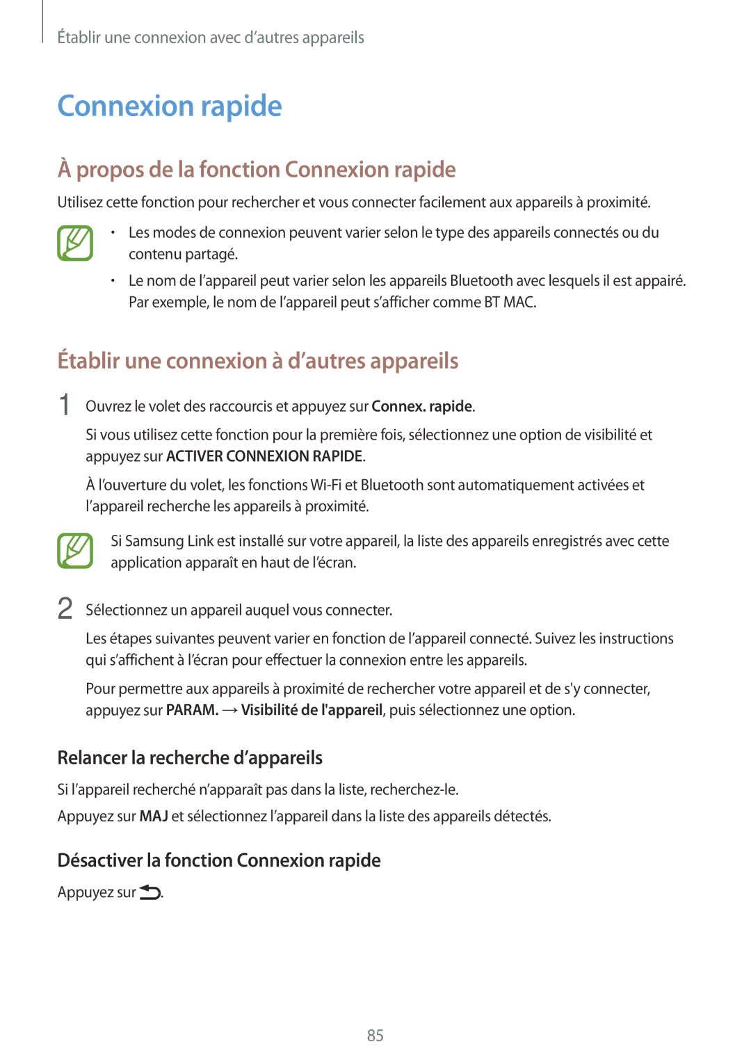 Samsung SM-P550NZKAXEF, SM-P550NZWAXEF manual Propos de la fonction Connexion rapide, Relancer la recherche d’appareils 