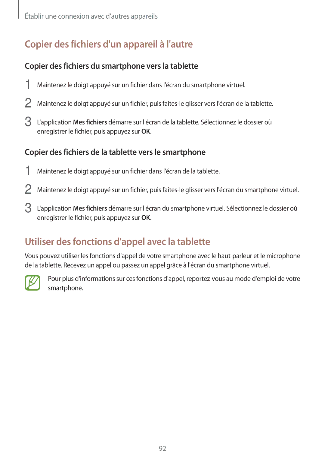 Samsung SM-P550NZWAXEF manual Copier des fichiers dun appareil à lautre, Utiliser des fonctions dappel avec la tablette 