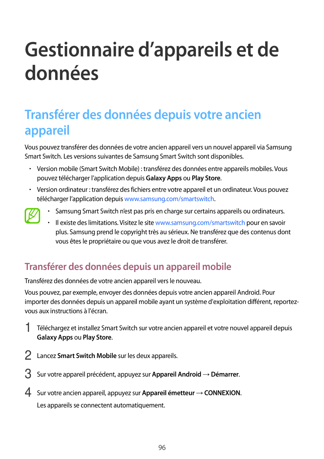 Samsung SM-P550NZWAXEF manual Gestionnaire d’appareils et de données, Transférer des données depuis votre ancien appareil 